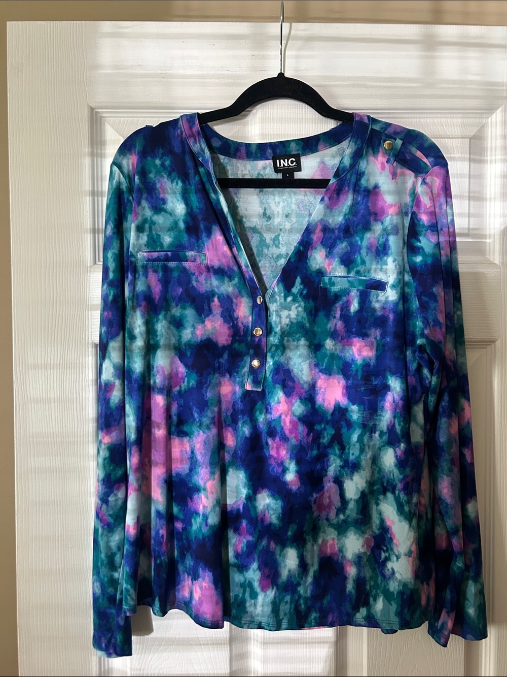 INC International Concepts Blue, Teal & Pink Tie-Dye Henley Blouse